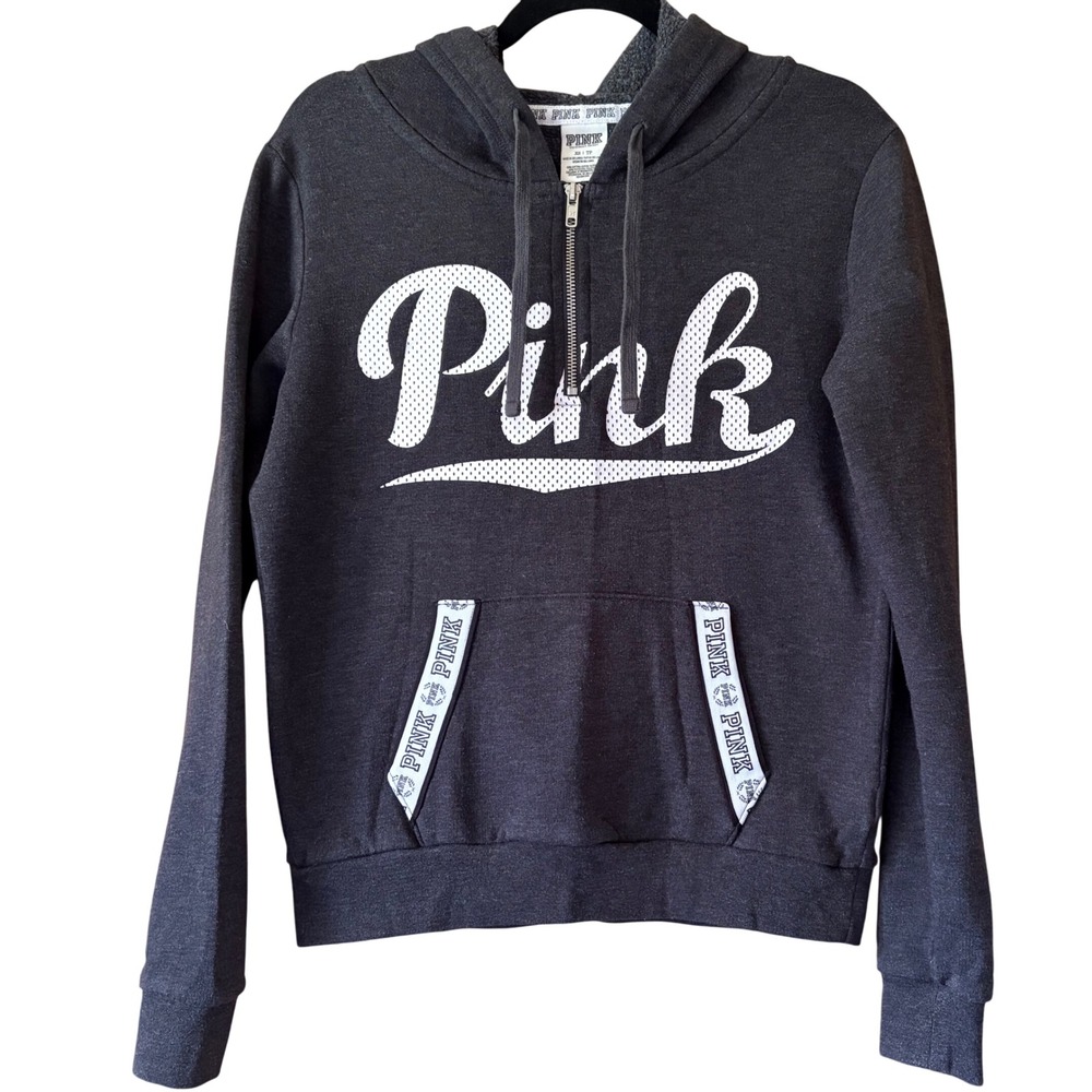 Victoria's Secret PINK Women's Full Zip Hoodie XS Dark Gray Lined Sweatshirt Y2K